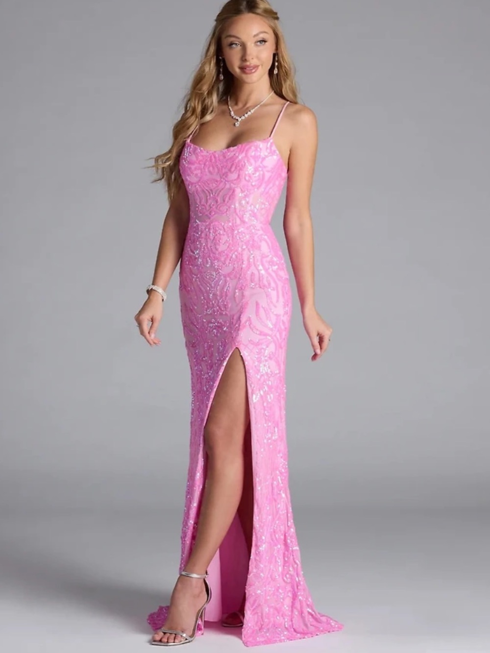 Windsor Lani Lace-Up Slit Mermaid Sequin Dress in Hot Pink